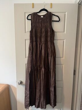 DISSH Smocked Linen Midi Dress Brown Sleeveless Size 6 (Small)